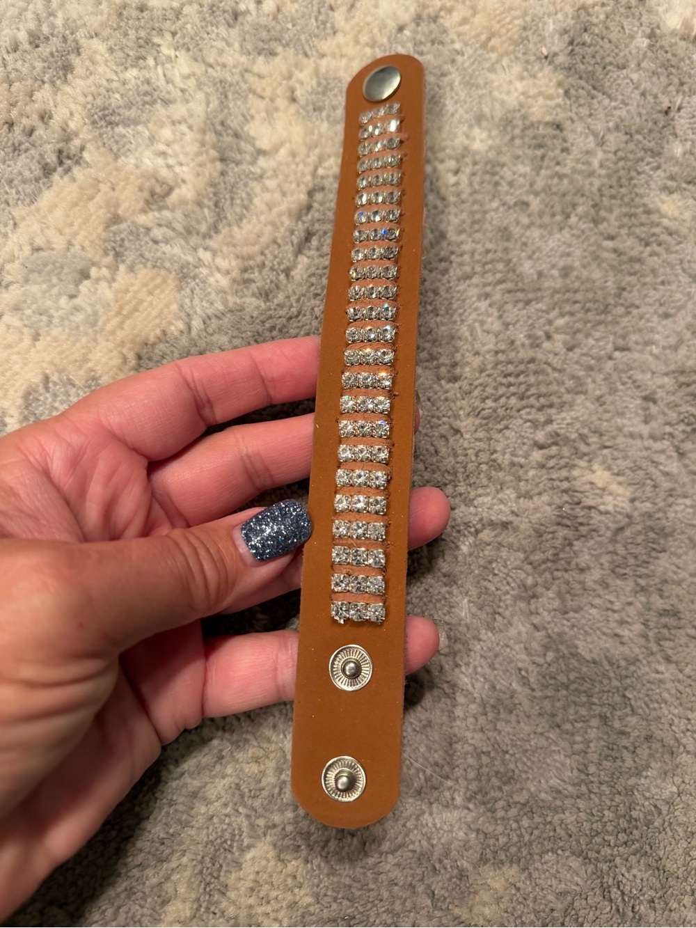 Leather and Crystal Snap Bracelet - Tan with Clear Crystals